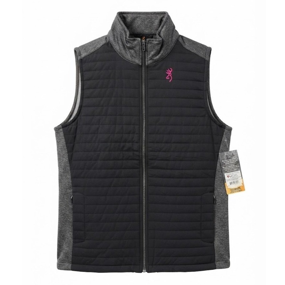 Browning Womens XL Black Quilted Hybrid Full Zip Vest Pink Buckmark - AC